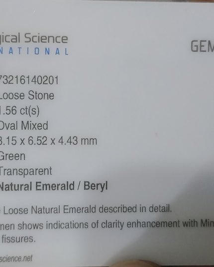 GSI Certified 1.56ct Deep Green Natural Emerald Minor Oiled Loose Gemstone