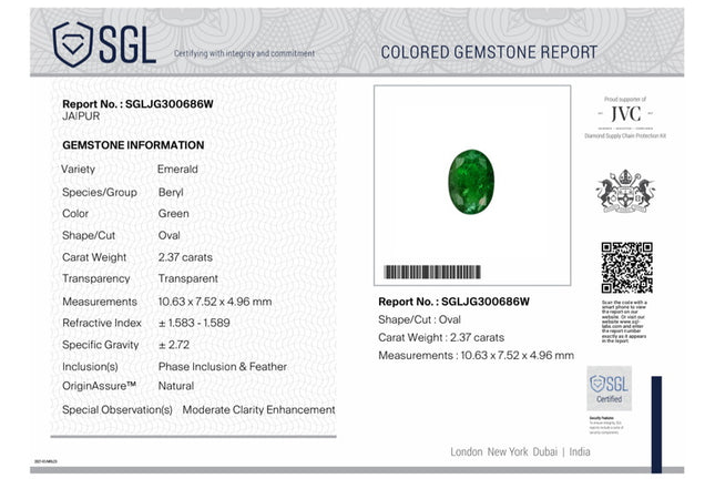 2.37ct Emerald Natural Deep Pure Green SGL Certified Oval Cut Gemstone
