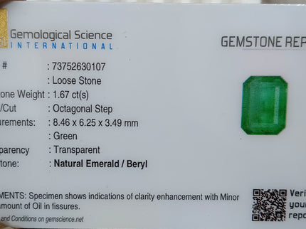 Zambian Emerald 1.67ct Medium Green Certified Natural Octagon Cut Gemstone