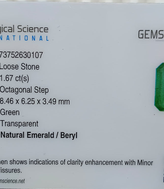 Zambian Emerald 1.67ct Medium Green Certified Natural Octagon Cut Gemstone