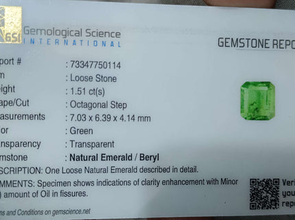 Certified 1.51ct Natural Zambian Emerald Stone