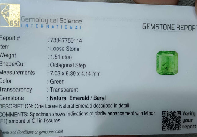 GSI Certified 1.51ct Medium Green Emerald Cut Natural Zambian Emerald Minor Oiled Loose Gemstone