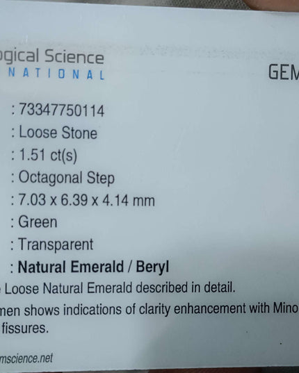 GSI Certified 1.51ct Medium Green Emerald Cut Natural Zambian Emerald Minor Oiled Loose Gemstone