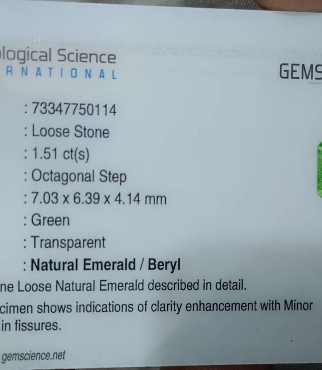 Certified 1.51ct Natural Zambian Emerald Stone