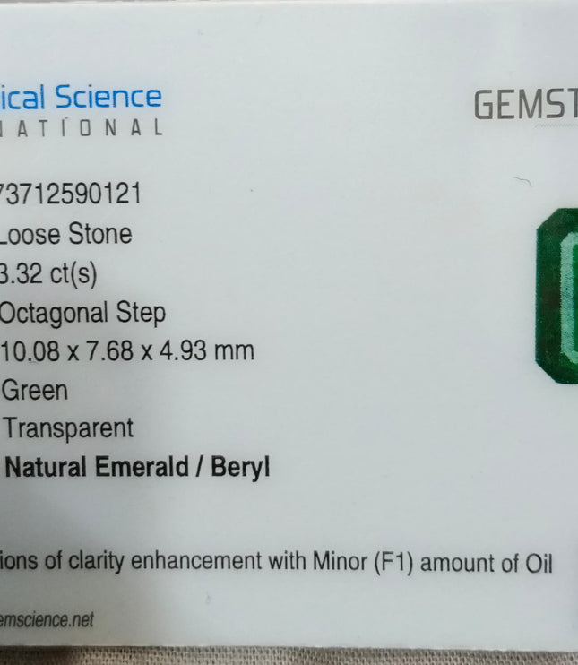 Zambian Emerald 3.32ct Medium Deep Green Certified Octagon Cut Natural Gemstone