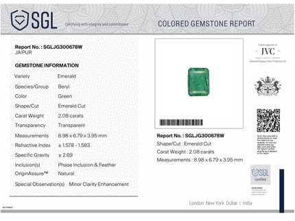 Natural Emerald 2.08ct Medium Green Zambian SGL Certified Octagon Cut Minor Oiled Loose Gemstone