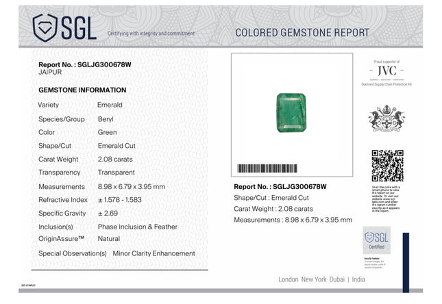 Natural Emerald 2.08ct Medium Green Zambian SGL Certified Octagon Cut Minor Oiled Loose Gemstone