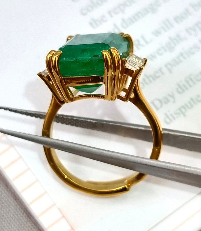 8.36ct Natural Emerald Ring Set with 0.38ct Diamonds(CVD) 925 Silver Gold Plated
