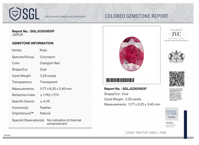3.29ct Untreated Natural Mozambique Ruby Rasberry Red SGL Certified Oval Loose Gemstone