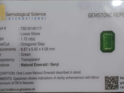 1.72ct Certified Zambian Natural Emerald.