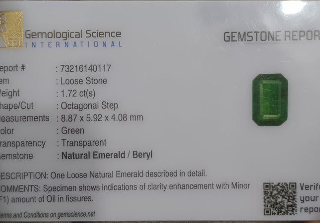 1.72ct Certified Dark Bright Golden Green Zambian Emerald