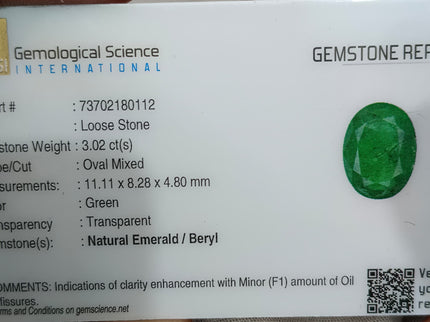 3.02ct Zambian Emerald, Alpine Green Oval Cut Certified Natural Loose Gemstone