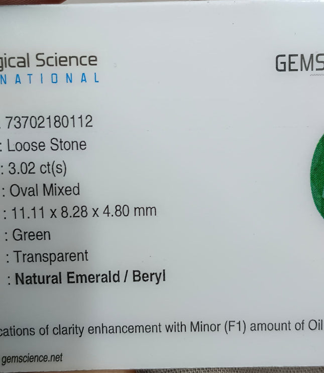 3.02ct Zambian Emerald, Alpine Green Oval Cut Certified Natural Loose Gemstone