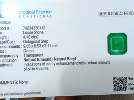 Panjshir Emerald 4.10ct GSI Certified Bright Medium Deep Green Octagon Cut Gemstone