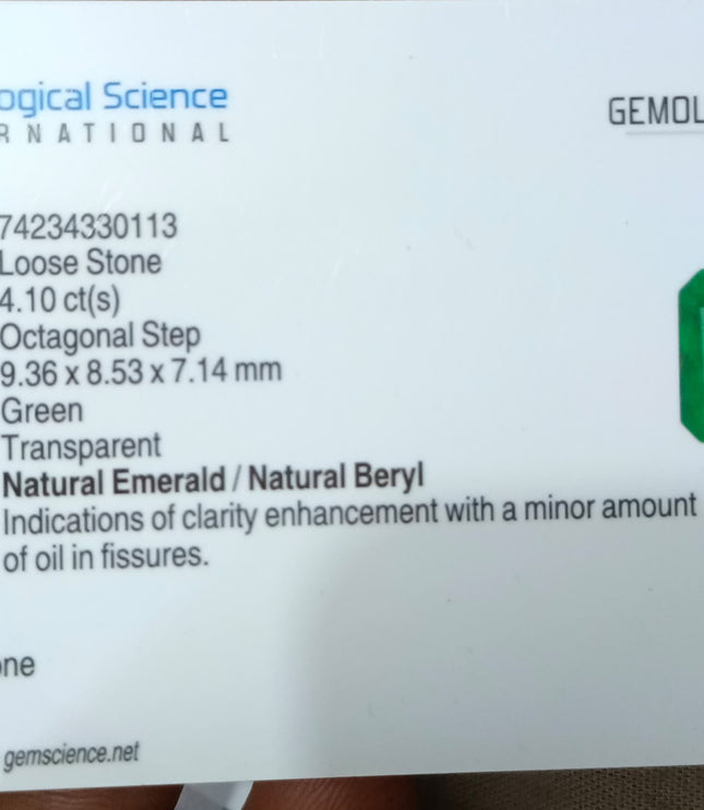 Panjshir Emerald 4.10ct GSI Certified Bright Medium Deep Green Octagon Cut Gemstone