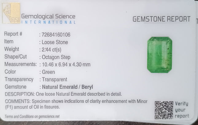 Panjshir Emerald 2.44ct Spring Green  Natural Earth Mined Gemstone
