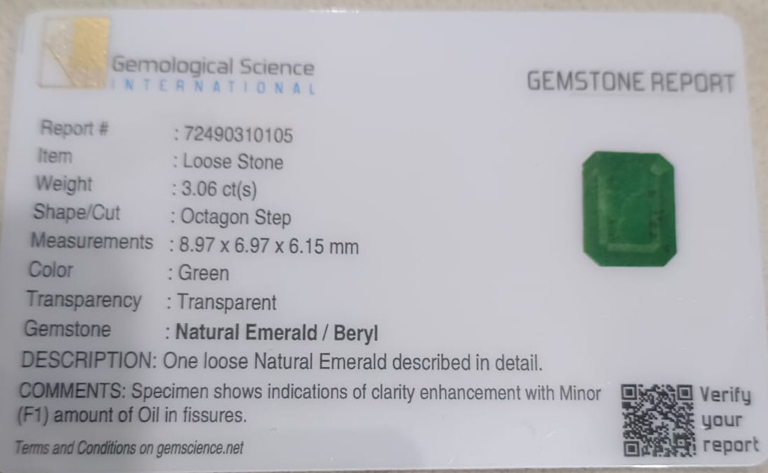 GSI Certified 3.06ct Emerald Cut Zambian Emerald, 100% Natural Earth Mined Gemstone