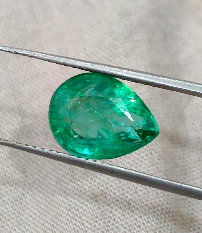 3.19ct Zambian Emerald, Certified Natural Bright Spring Green Pear Cut Loose Gemstone