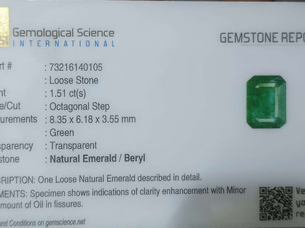 Certified 1.51ct Natural Zambian Emerald, Deep Green.