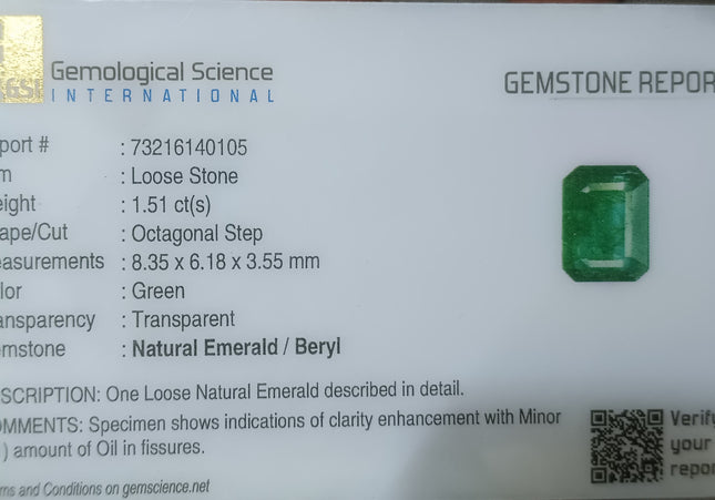 GSI Certified 1.51ct Deep Golden Green Natural Zambian Emerald Minor Oiled Loose Gemstone