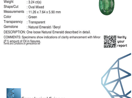 3.24ct Vivid Green Zambian Emerald, Certified Natural Oval Cut Loose Gemstone