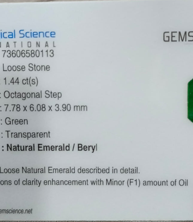1.44ct Deep Green Zambian Emerald, Certified Natural Octagon Cut Loose Stone