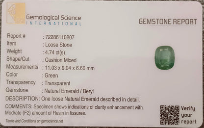 GSI Certified 4.74ct Zambian Emerald , 100% Natural Earth Mined Gemstone