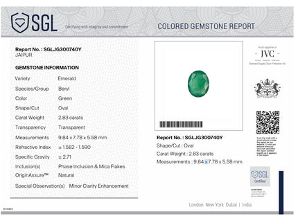 2.83ct Emerald Natural Medium Deep Pure Green Oval SGL Certified Loose Gemstone