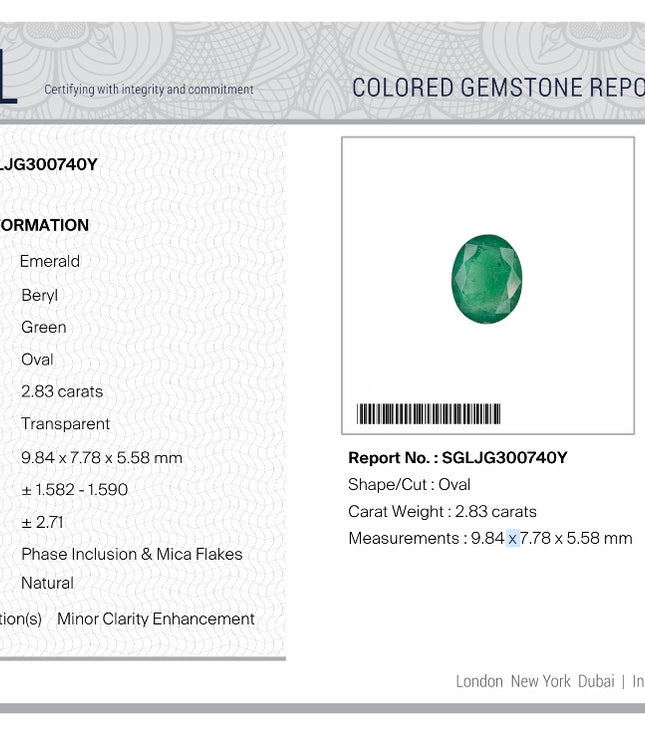 2.83ct Emerald Natural Medium Deep Pure Green Oval SGL Certified Loose Gemstone