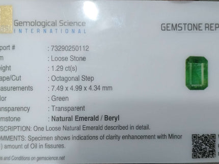 Certified 1.29ct Swat Emerald, Natural Octagon Cut Stone