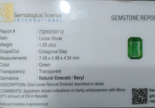 GSI Certified 1.29ct Vivid Medium Deep Green Swat Emerald Minor Oiled Loose Gemstone