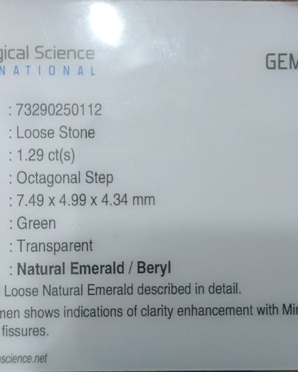 GSI Certified 1.29ct Vivid Medium Deep Green Swat Emerald Minor Oiled Loose Gemstone