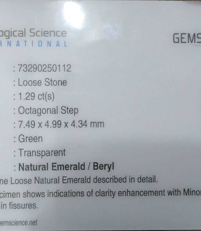 Certified 1.29ct Swat Emerald, Natural Octagon Cut Stone