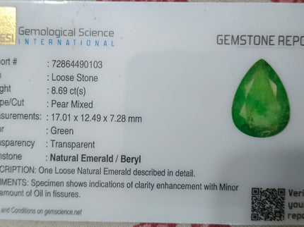 Emerald Natural 8.69ct Big Zambian Certified Velvet Green Pear Cut Loose Gemstone