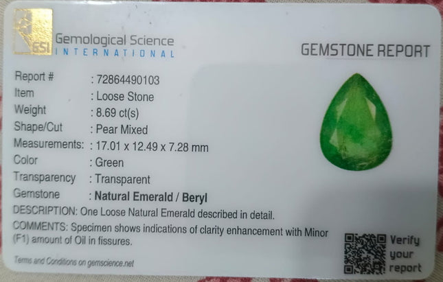 Emerald Natural 8.69ct Big Zambian Certified Velvet Green Pear Cut Loose Gemstone