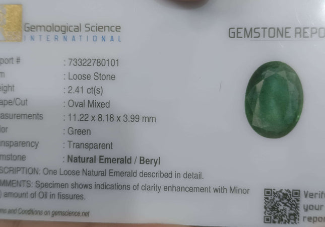 2.41ct GSI Certified Deep Green Zambian Emerald Minor Oiled Loose Gemstone