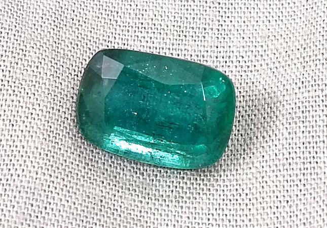 7.34ct Natural Zambian Emerald, Deep Green Cushion Cut Minor oiled Loose Gemstone.