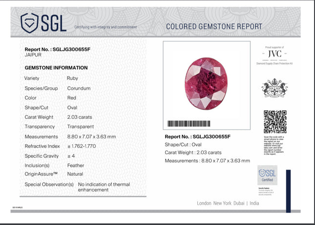 2.03ct Unheated Natural Ruby Mozambique SGL Certified Deep Rasberry Red Gemstone