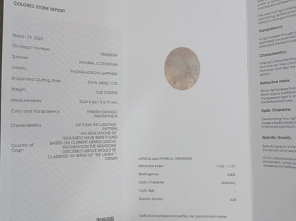 Untreated Padparadscha Sapphire 5.20ct Natural IGI Certified Pinkish Orange Oval Cut Loose Gemstone