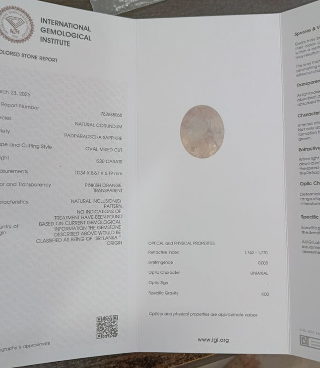 Untreated Padparadscha Sapphire 5.20ct Natural IGI Certified Pinkish Orange Oval Cut Loose Gemstone