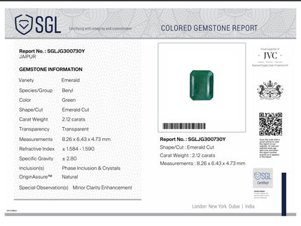 2.12ct Panjshir Emerald Medium Green Octagon Cut SGL Certified Gemstone