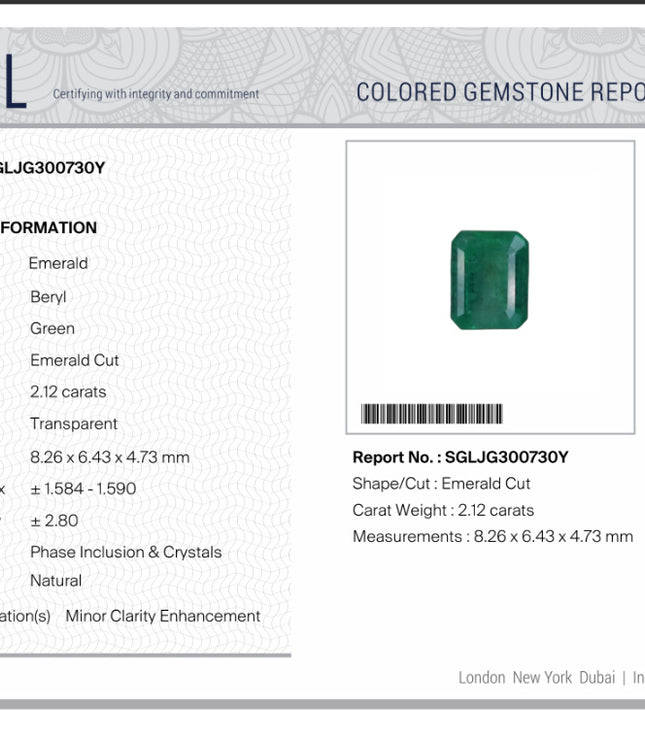 2.12ct Panjshir Emerald Medium Green Octagon Cut SGL Certified Gemstone