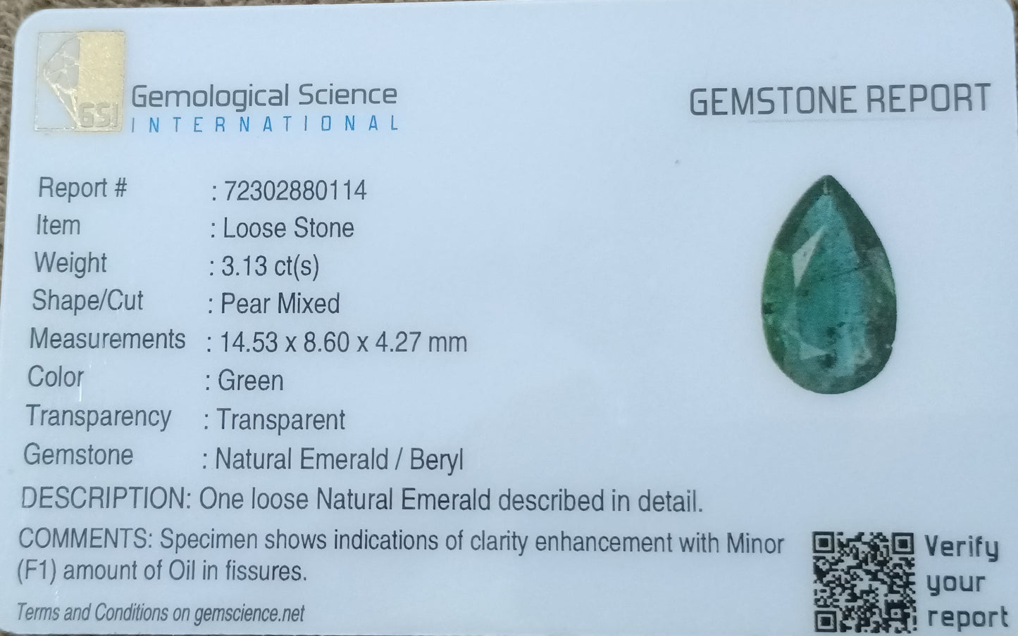 GSI Certified 3.13ct Deep Green Zambian Emerald, 100% Natural Earthmined Gem