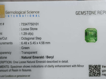 Certified 1.29ct Zambian Natural Emerald, Excellent Luster, Minor Oiled Stone