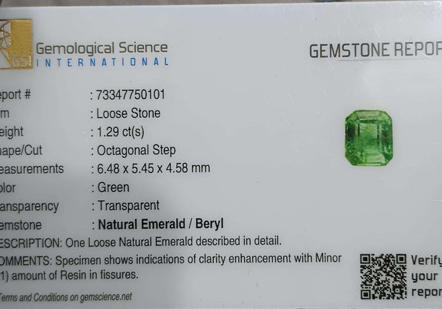 GSI Certified 1.29ct Medium Deep Green Zambian Emerald Minor Clarity Enhanced Loose Gemstone