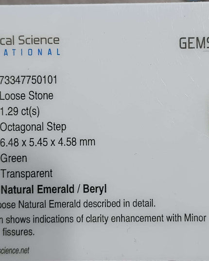 GSI Certified 1.29ct Medium Deep Green Zambian Emerald Minor Clarity Enhanced Loose Gemstone