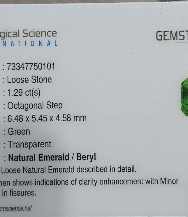 Certified 1.29ct Zambian Natural Emerald, Excellent Luster, Minor Oiled Stone