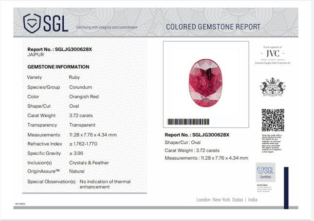 3.72ct Unheated Mozambique Ruby Natural SGL Certified Rasberry Red Oval Cut Loose Gemstone