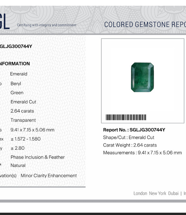 2.64ct Natural Emerald - Medium Deep Spring Green - Octagon Cut - SGL Certified Gemstone