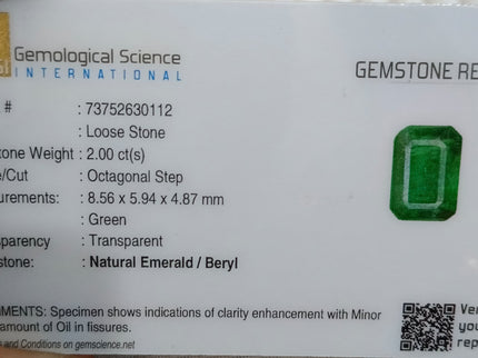 2.00ct Deep Green Zambian Emerald, Certified Natural Octagon Cut Gemstone